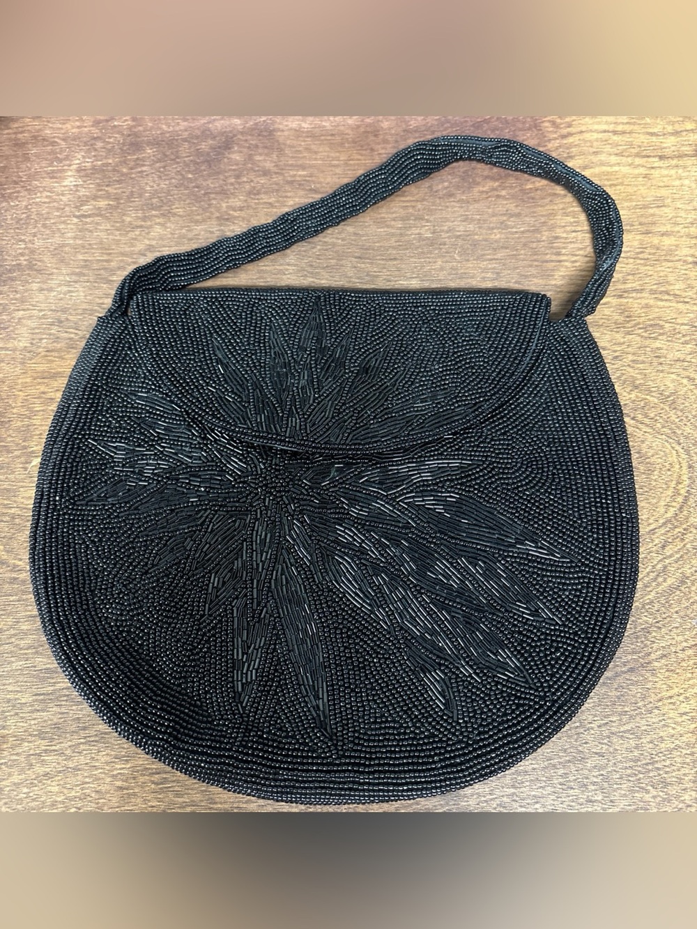 Vintage Black Beaded Floral-Accent Evening Hand Purse